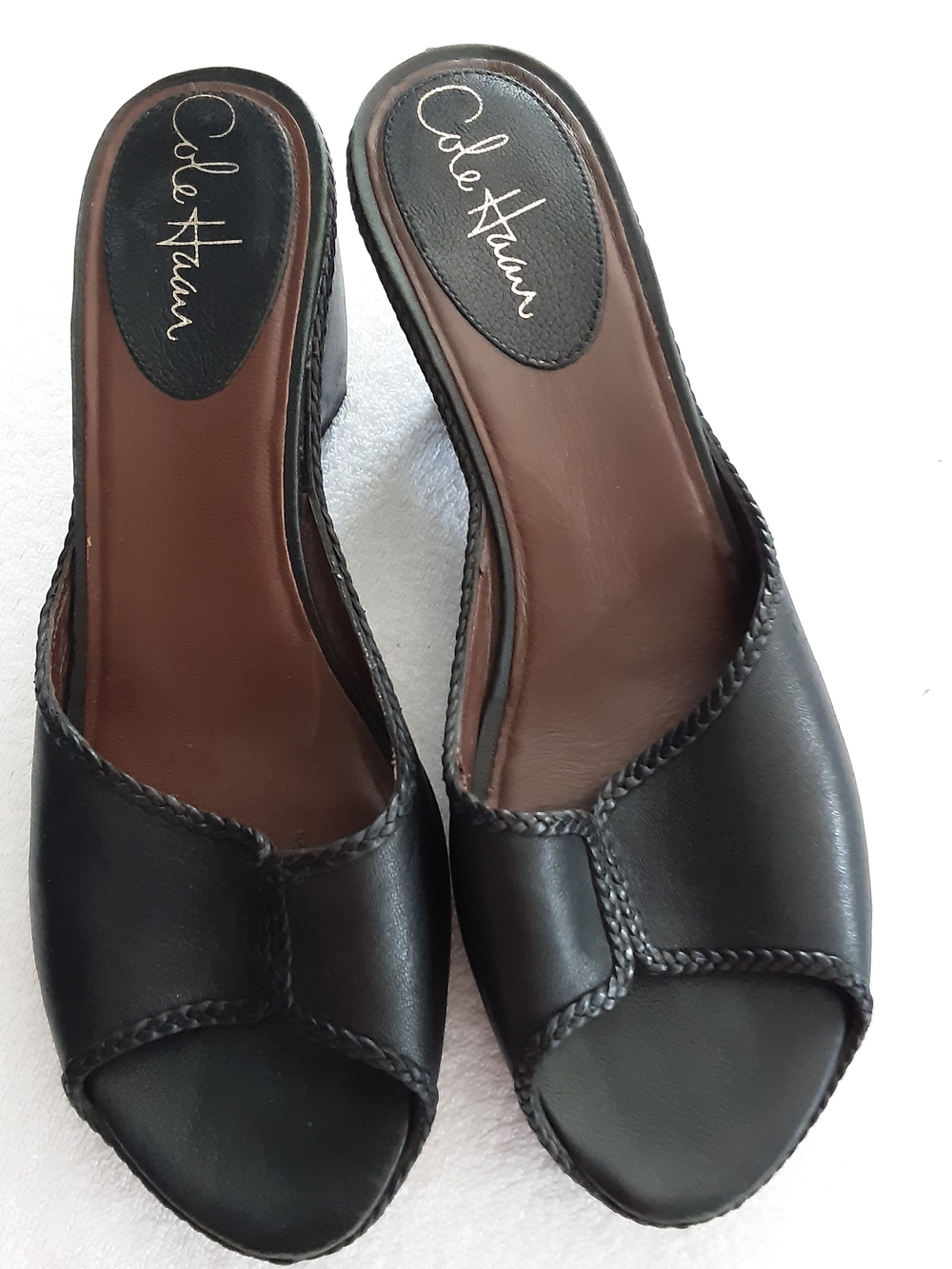 Cole Haan Black Leather Braided-Trim Open-Toe Mule